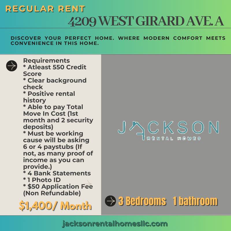 Apartment for rent at 4209 W Girard Ave, Philadelphia, PA 19104