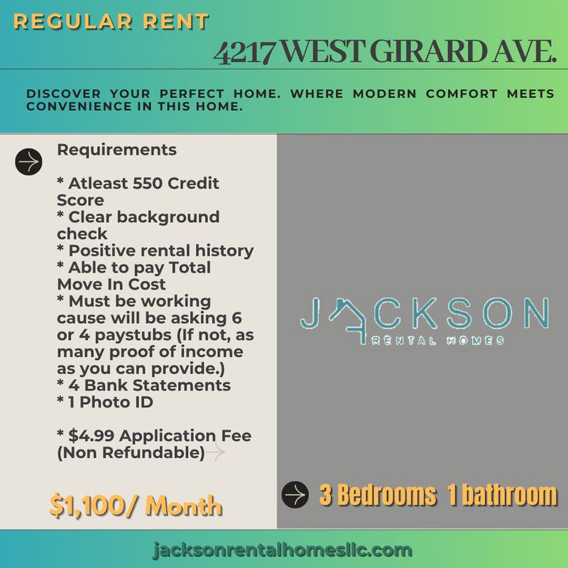 Apartment for rent at 4217 W Girard Ave #1, Philadelphia, PA 19104
