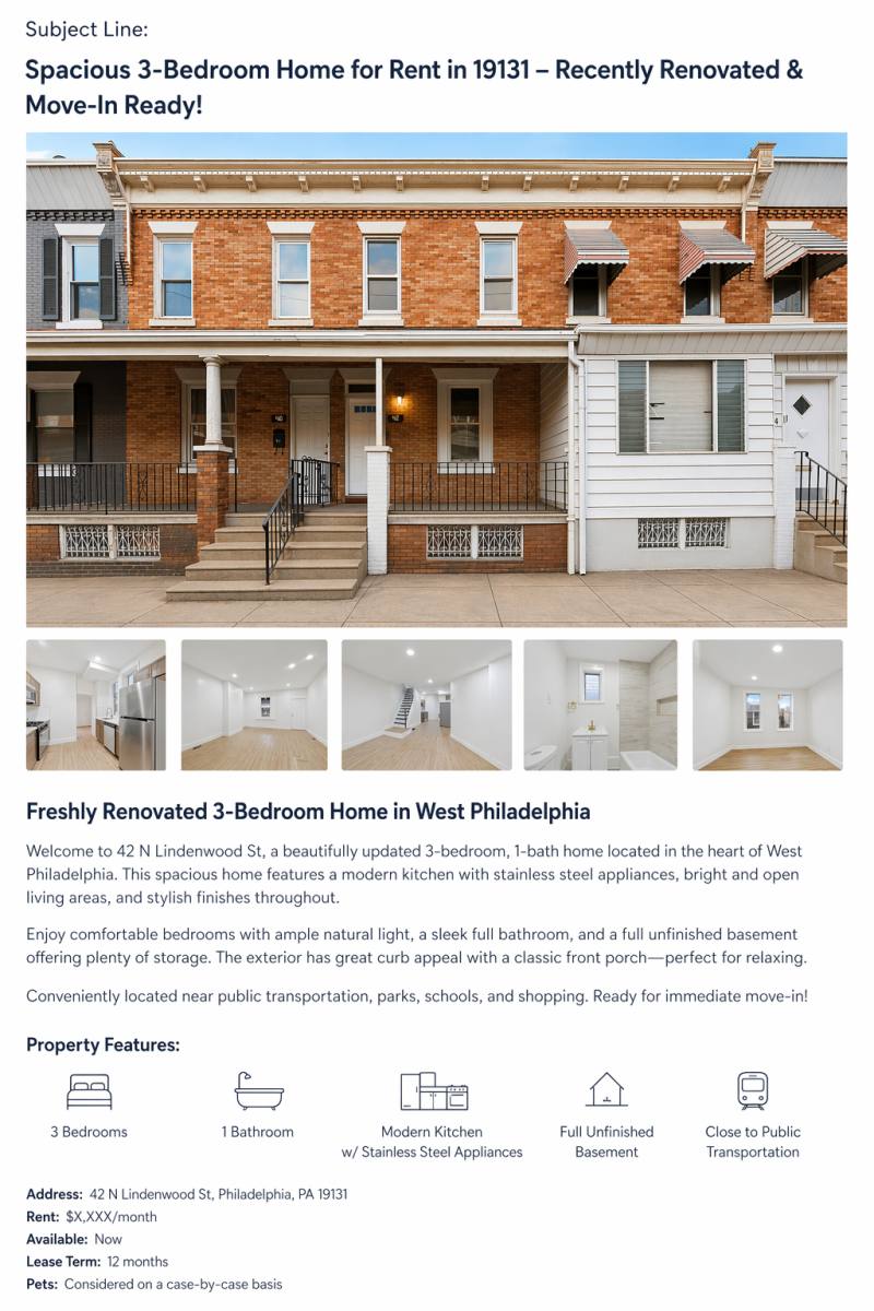 House for rent at 42 N Lindenwood St, Philadelphia, PA 19139