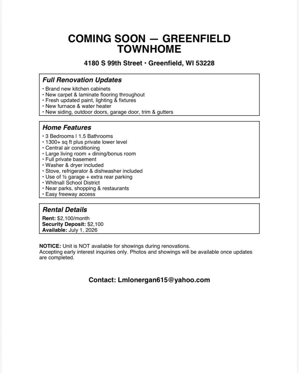 Townhouse for rent at 4180 S 99th St, Milwaukee, WI 53228
