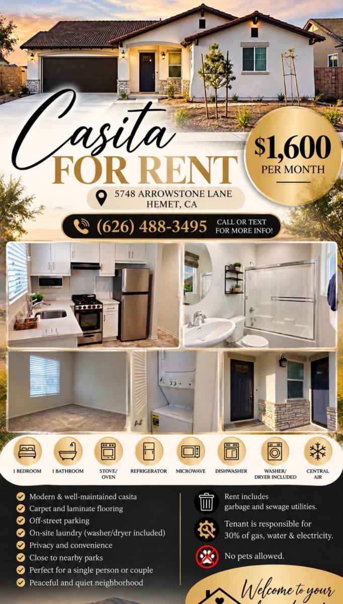 Apartment for rent at 5748 Arrowstone Lane, Hemet, CA 92545